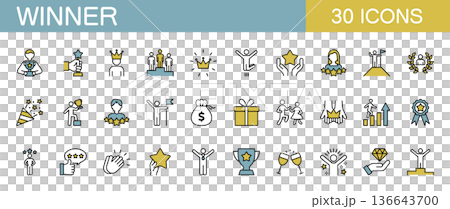 獲勝者、獎項、成功和勝利線條圖標集（彩色） 136643700