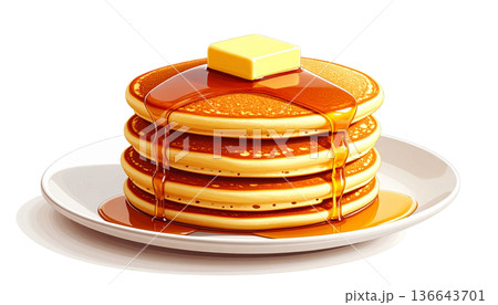 バターとメープルシロップがかかったふわふわホットケーキのイラスト 136643701