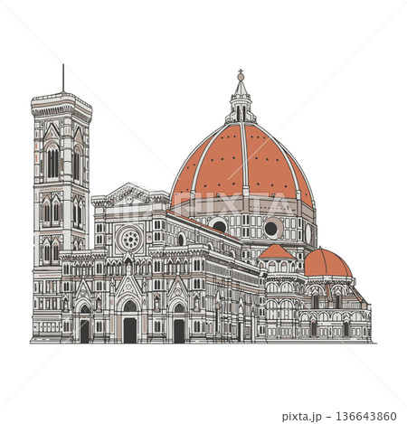 Highly Detailed Vector Illustration of Florence Cathedral Santa Maria del Fiore with Renaissance and Gothic Architecture, Iconic Historical Landmark and Tourist Attraction 136643860