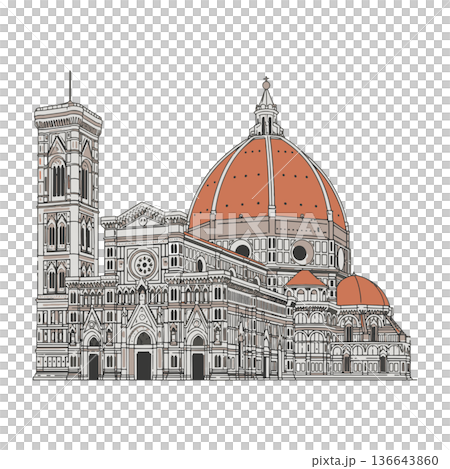 Highly Detailed Vector Illustration of Florence Cathedral Santa Maria del Fiore with Renaissance and Gothic Architecture, Iconic Historical Landmark and Tourist Attraction 136643860