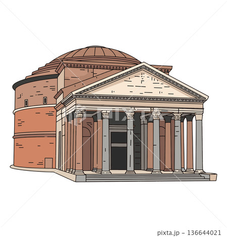 Highly Detailed Vector Illustration of the Pantheon in Rome with Classic Roman Dome and Corinthian Columns, Iconic Ancient Architecture and Historical Monument 136644021