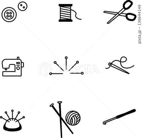 ソーイングアイテムのアイコンセット、線太め 136644149