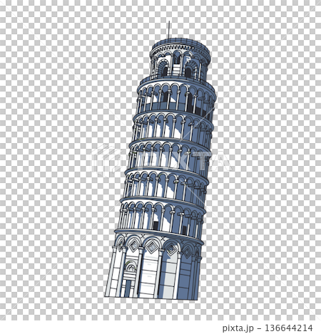 Highly Detailed Vector Illustration of the Leaning Tower of Pisa with Romanesque Arches and Iconic Tilted Structure, Famous Historical Landmark in Italy 136644214