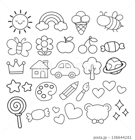 Cute Kids Doodle Outline Icon Set with Sun Rainbow Bee Flower House Car Hearts and Cartoon Elements Vector Collection 136644281