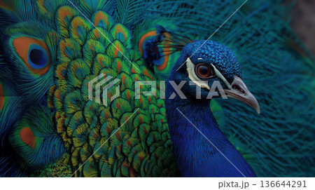 Majestic close up blue peacock portrait with colorful feather detail showing elegance beauty in wild nature 136644291
