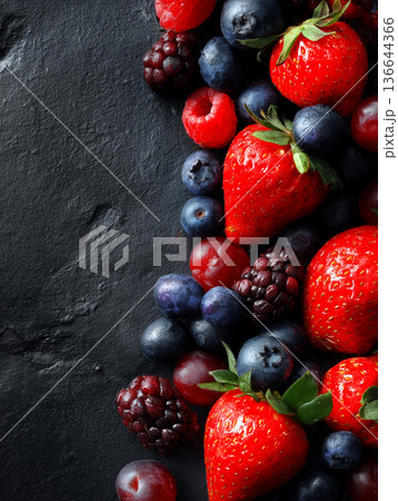 いちごブルーベリー黒背景クローズアップ写真 136644366