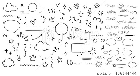 Hand Drawn Doodle Elements Collection with Arrows Stars Speech Bubbles Hearts and Decorative Icons Vector Set 136644444