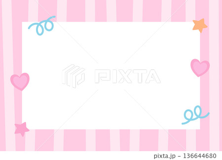 Pink stripe pattern rectangle frame with, heart, star, doodles for print, polaroid photo, ad template, social media, poster, book cover design, notepad, sticky note, memo, banners, border, postcard	 136644680