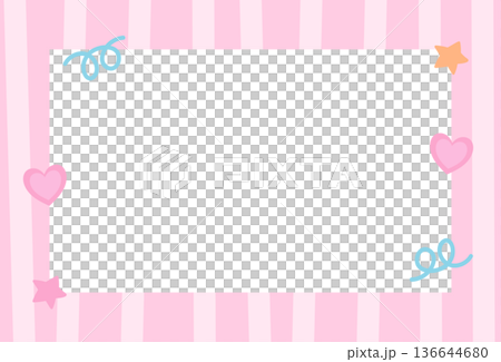 Pink stripe pattern rectangle frame with, heart, star, doodles for print, polaroid photo, ad template, social media, poster, book cover design, notepad, sticky note, memo, banners, border, postcard	 136644680