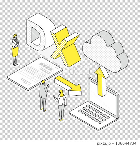 基於數位轉型影像，繪製了參與雲端協作和數位轉型的人員的等距插圖。 136644734