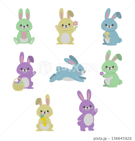 Cute Easter Bunny Illustration Set with Eggs and Carrot Cute Easter Bunny Illustration Set with Eggs and Carrot 136645928