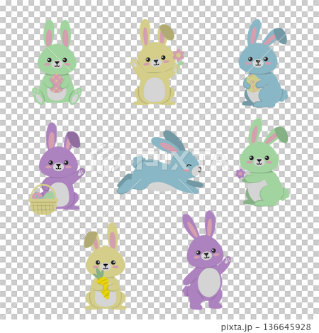 Cute Easter Bunny Illustration Set with Eggs and Carrot Cute Easter Bunny Illustration Set with Eggs and Carrot 136645928