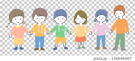 笑顔で手をつなぐ子供たち　シンプルイラスト 136646067