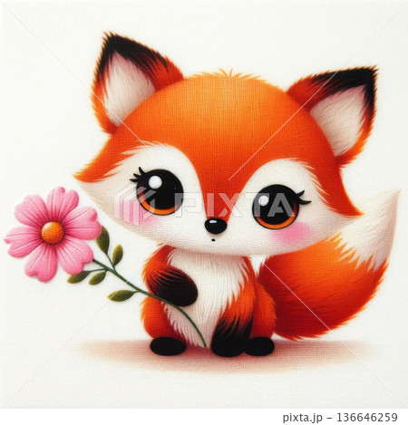 Cute Orange Fox Holding Pink Flower Illustration 136646259