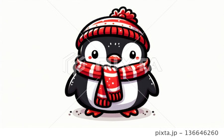 Cute Cartoon Penguin Wearing Red Hat and Scarf 136646260