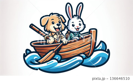 Cute Dog and Rabbit Rowing a Wooden Boat on...のイラスト素材 [136646510] - PIXTA
