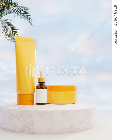 Yellow sunscreen tube and cream jar and dropper bottle on pink marble platform on beach and blue sky Yellow sunscreen tube and cream jar and dropper bottle on pink marble platform on beach and blue sky 136646819