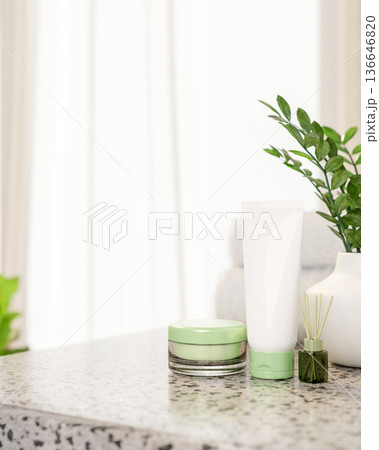 White lotion tube and green cream jar with diffuser on granite stone table and sunlight on curtain. White lotion tube and green cream jar with diffuser on granite stone table and sunlight on curtain. 136646820