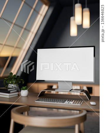 White screen computer with book and plant pot on wooden table under lamp and roof window in attic room White screen computer with book and plant pot on wooden table under lamp and roof window in attic room 136646825