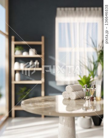 White lotion tube and glass pump bottle and towel on round marble table and sunlight in spa bathroom White lotion tube and glass pump bottle and towel on round marble table and sunlight in spa bathroom 136646838
