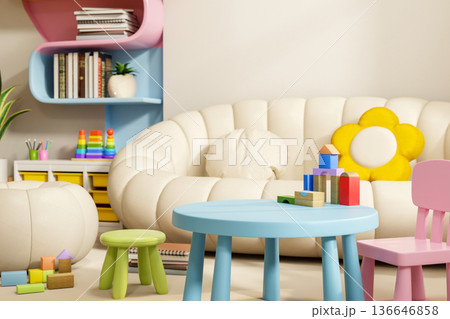 Sofa with flower cushion and pumpkin stool aside colorful table and chair with kid toy and bookshelf Sofa with flower cushion and pumpkin stool aside colorful table and chair with kid toy and bookshelf 136646858