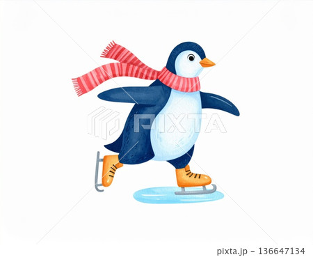 Animated Penguin Ice Skating with Red Striped Scarf on White Background Illustration 136647134