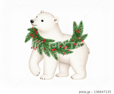 Cute Polar Bear with Green Christmas Wreath on a White Background Illustration 136647135