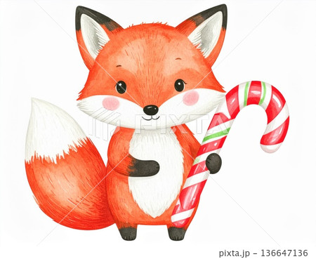 Cute Cartoon Fox Holding a Striped Candy Cane on a White Background 136647136