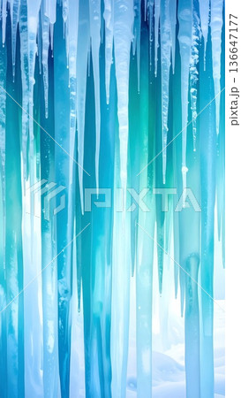 Abstract Icicles Hanging with Striped Ice Formation in Cool Blue and White Colors 136647177