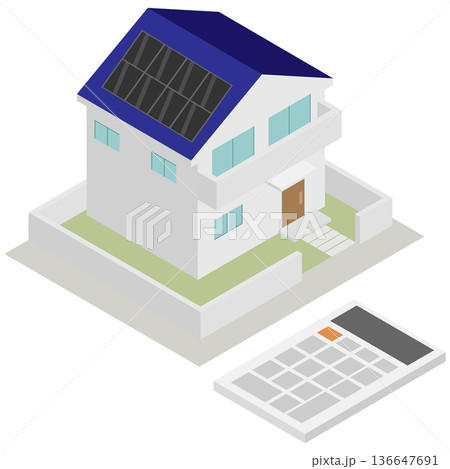 設置費用や売電収支のシミュレーションに使える一戸建ての太陽光発電と電卓のアイソメトリックイラスト 136647691