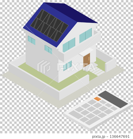 設置費用や売電収支のシミュレーションに使える一戸建ての太陽光発電と電卓のアイソメトリックイラスト 136647691