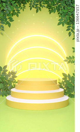 Elegant Three Tiered Yellow Podium with Neon Lights and Green Leaves Backdrop 136647857