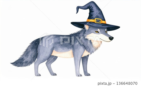 Gray Wolf Wearing a Witch Hat Digital Illustration Isolated on White Background 136648070
