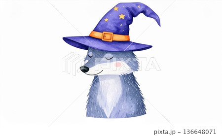 Gray Wolf Wearing Witch Hat with Stars on White Background Illustration 136648071