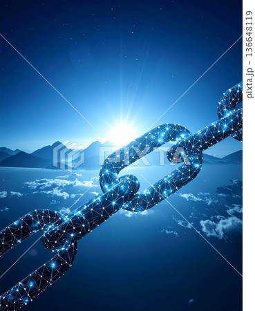 青い背景に、デジタルの鎖（チェーン）が繋がっていく様子 136648119