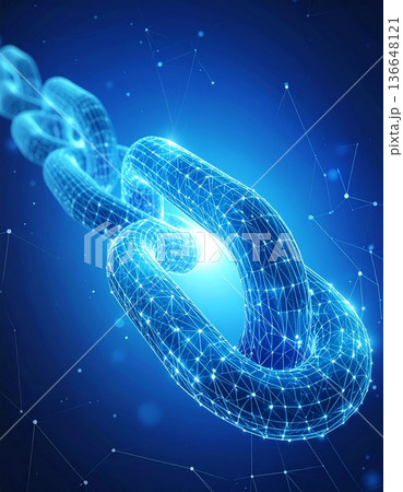 青い背景に、デジタルの鎖（チェーン）が繋がっていく様子 136648121