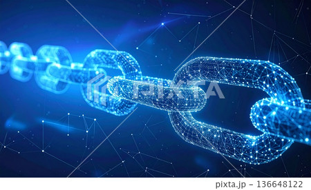 青い背景に、デジタルの鎖（チェーン）が繋がっていく様子 136648122