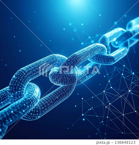 青い背景に、デジタルの鎖（チェーン）が繋がっていく様子 136648123