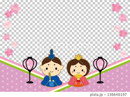 Cute Hina dolls and peach blossoms Japanese style Hinamatsuri frame / purple Cute Hina dolls and peach blossoms Japanese style Hinamatsuri frame / purple 136648197