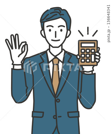 電卓を持ちOKポーズをする買取査定員のイラスト 136648341