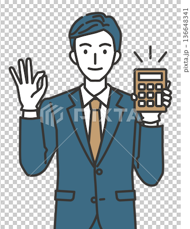 圖：一位購置評估師手持計算器，擺出「OK」的姿勢 136648341