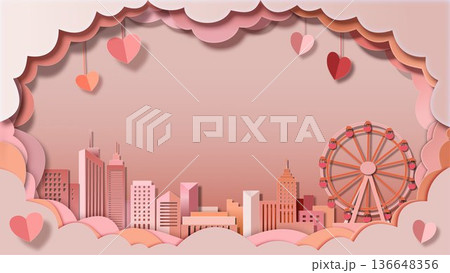 Romantic Pink Paper Cut Cityscape Background	 136648356