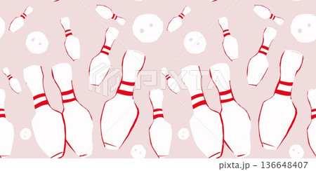 Seamless bowling pattern with red-striped pins and balls on light background. Fun sporty texture perfect for design and decoration. Seamless bowling pattern with red-striped pins and balls on light background. Fun sporty texture perfect for design and decoration. 136648407