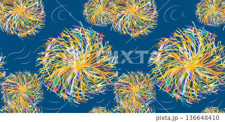 Seamless vector pattern of abstract tumbleweed shapes in multicolored tangled lines, arranged against a deep blue background with small crescent moons. Seamless vector pattern of abstract tumbleweed shapes in multicolored tangled lines, arranged against a deep blue background with small crescent moons. 136648410