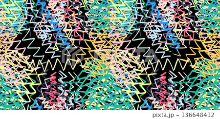 Seamless colorful vector pattern of geometric zigzag strokes arranged in vibrant layers, forming a playful modern decorative background. 136648412