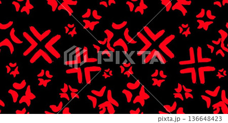 Seamless abstract pattern of red geometric arrow cross symbols repeated on a black background, creating a bold decorative vector texture. 136648423