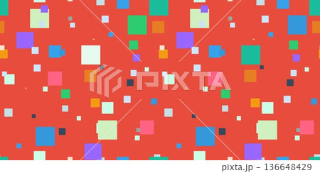 Abstract background with colorful geometric squares on a red backdrop. Modern bright pattern for design, technology style, and creative visuals. 136648429