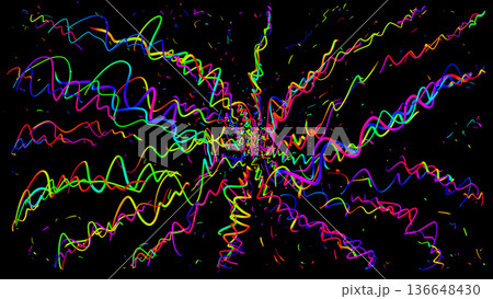 Vibrant neon squiggly lines radiating outward like hand-drawn energy waves on a dark abstract background. Vibrant neon squiggly lines radiating outward like hand-drawn energy waves on a dark abstract background. 136648430