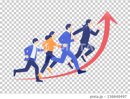 業務業績正在上升。四個人沿著紅色箭頭跑。這是一幅商業人士奔向成長的插畫。 136648497