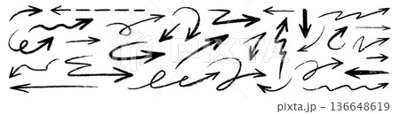Arrow hand drawn brush line set. Arrow line hand drawn brush chalk pencil crayon stroke marker paint..Rough scribble doodle sketchy underline curve wave angle swirl crayon texture. Vector 136648619